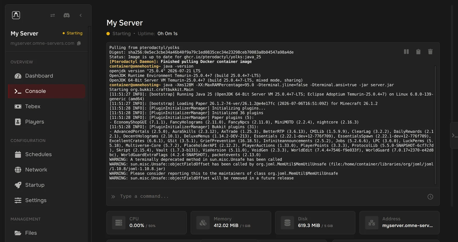 The OmneHosting control panel