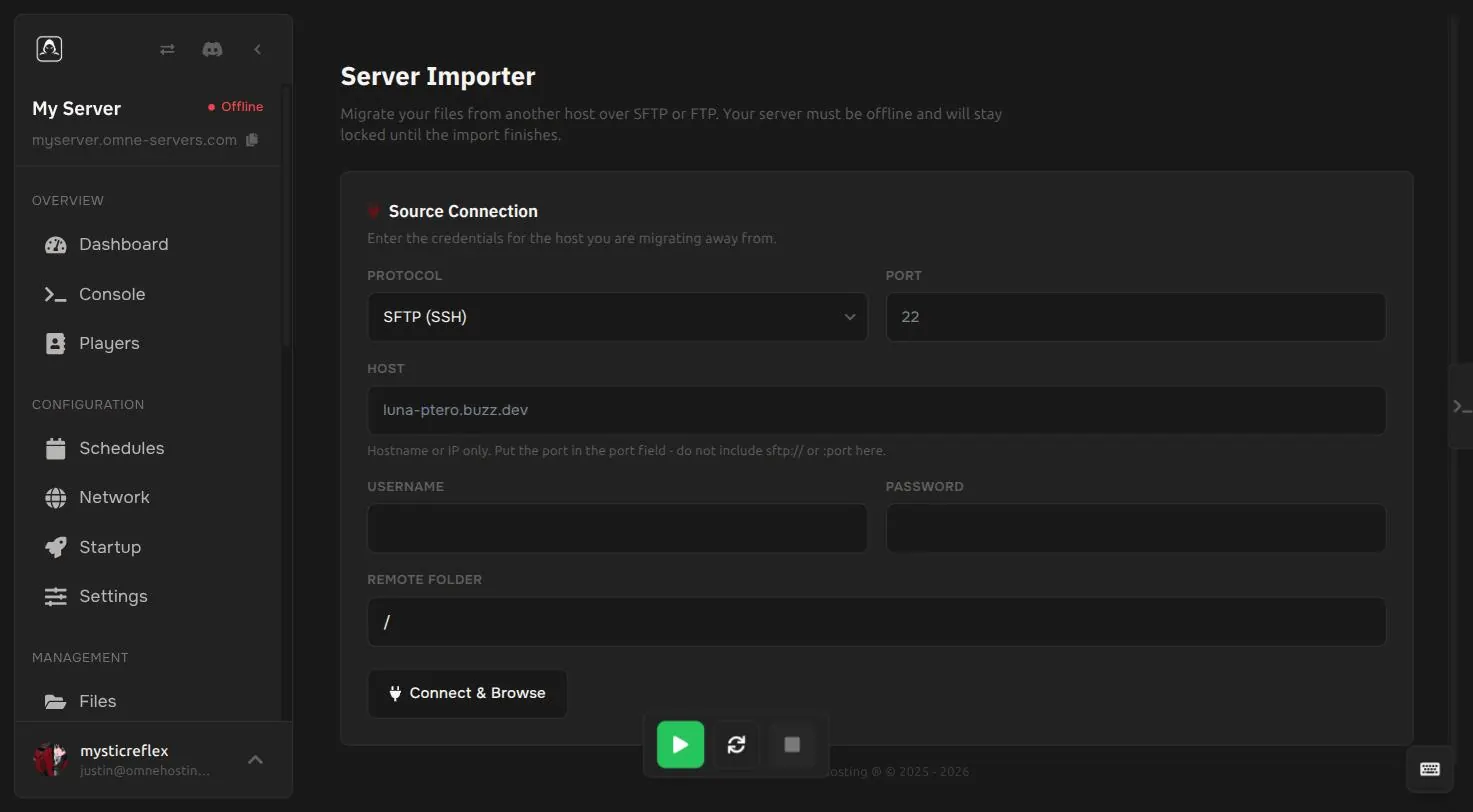 The Server Importer screen in the OmneHosting control panel